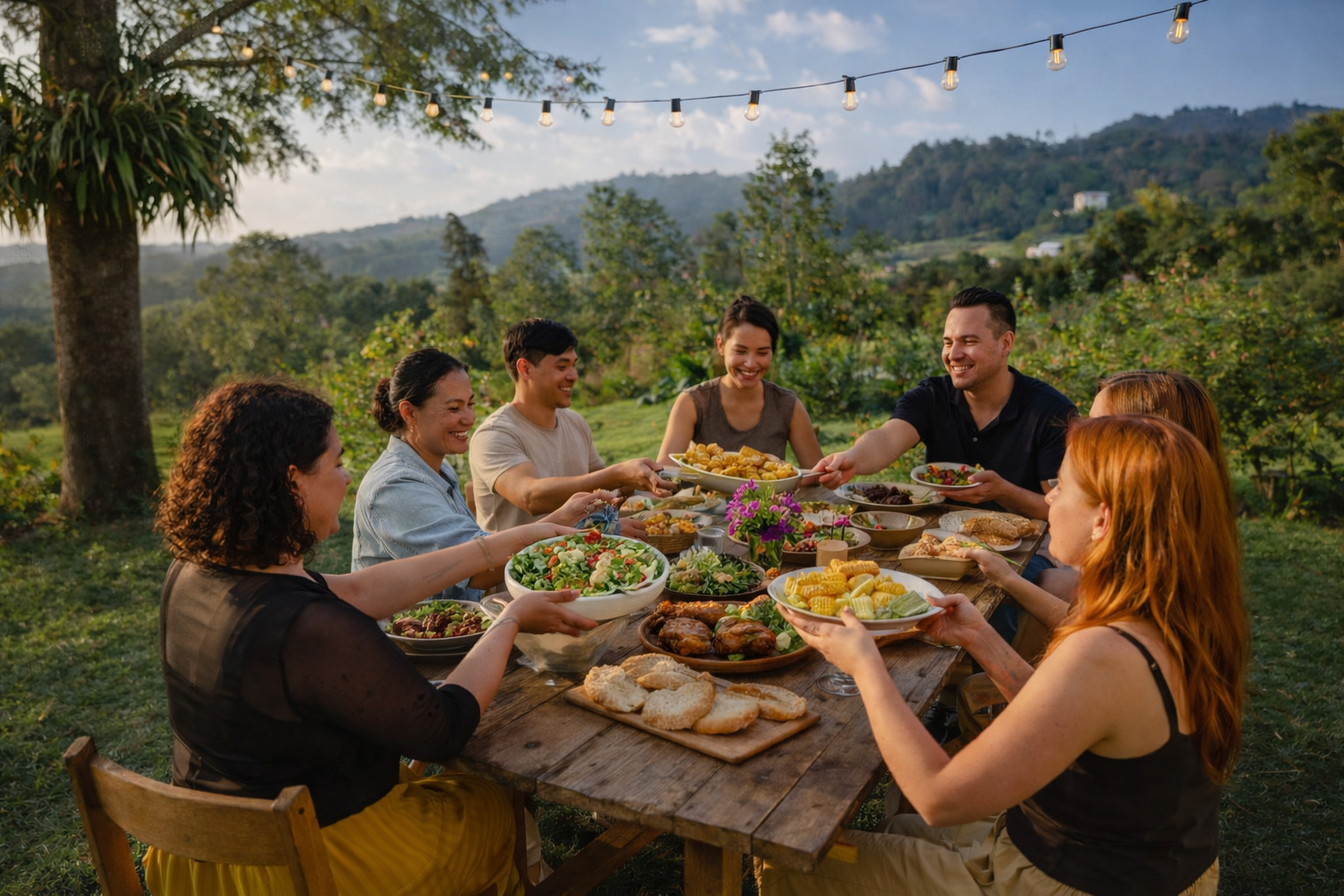 Friends sharing a meal together outdoors